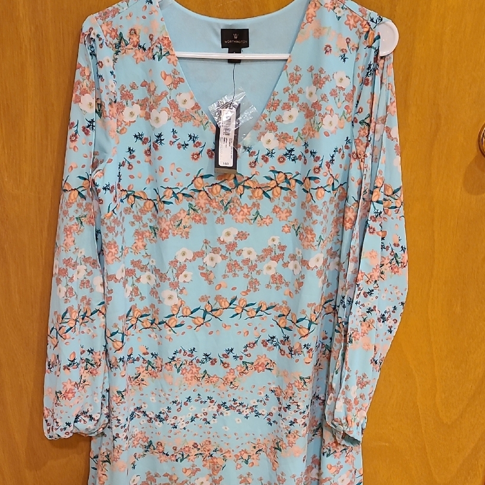 Worthington Blue Bishop Sleeve V-Neck Sweater Dress